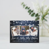 Calligraphy Holly Jolly Christmas Blue Wood Lights Postkarte (Stehend Vorderseite)