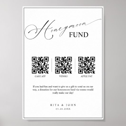 Calligraphy Honeymoon Fund Cash QR Code Wedding Poster (Vorne)