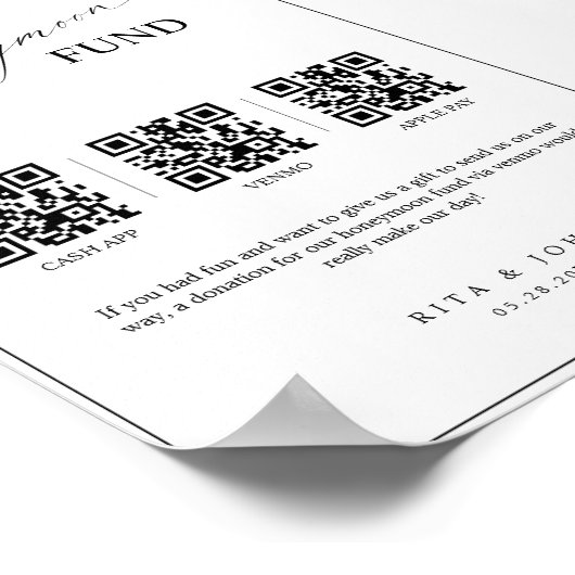 Calligraphy Honeymoon Fund Cash QR Code Wedding Poster (Ecke)