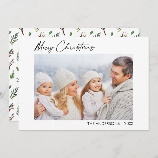 Calligraphy Ink Foto Weihnachtsgrün Berries Feiertagskarte (Vorne/Hinten)