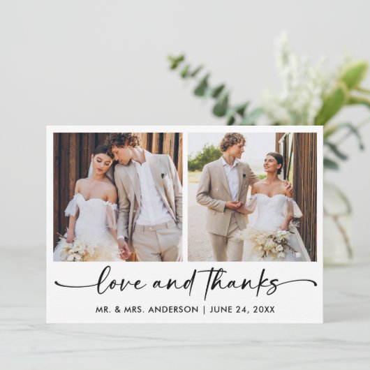 Calligraphy Ink Pen Script 2 Fotos Wedding Dankeskarte (Stehend Vorderseite)