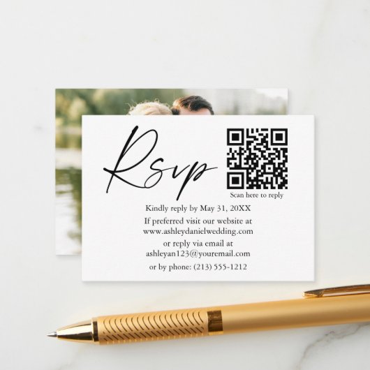 Calligraphy Ink Script QR Foto Wedding RSVP Begleitkarte (Vorderseite/Rückseite Beispiel)
