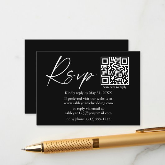 Calligraphy Ink Script QR Wedding Black UAWG Begleitkarte (Vorderseite/Rückseite Beispiel)