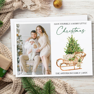 Calligraphy Ink Watercolor Pines Sleigh Foto Feiertagskarte