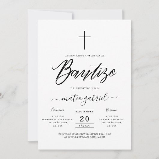 Calligraphy Invitacion De Bautizo Para Niño Black Einladung (Vorderseite)