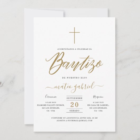 Calligraphy Invitacion De Bautizo Para Niño Gold Einladung (Vorderseite)