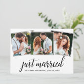 Calligraphy Just Married 3 Foto Wedding Card Dankeskarte (Stehend Vorderseite)