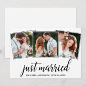 Calligraphy Just Married 3 Foto Wedding Card Dankeskarte (Vorne/Hinten)