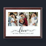 Calligraphy Liebe 3 Foto Wedding Plaque Awardplakette<br><div class="desc">Moderne elegante Kalligraphie Liebe 3 Foto Wedding Plaque</div>