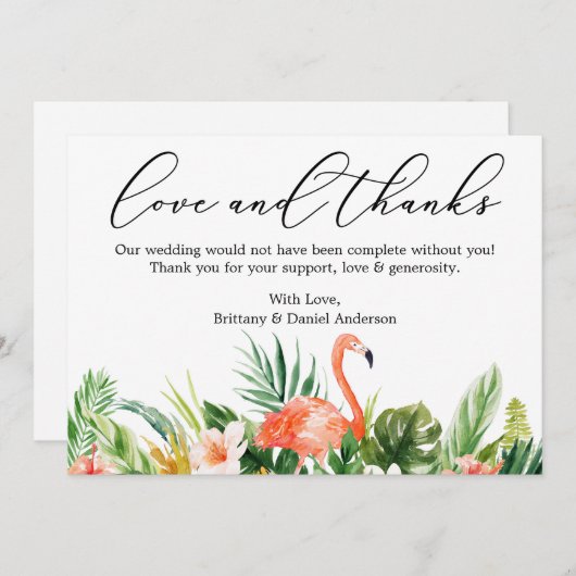 Calligraphy Liebe Dank Coral Tropical Flamingo Dankeskarte (Vorne/Hinten)