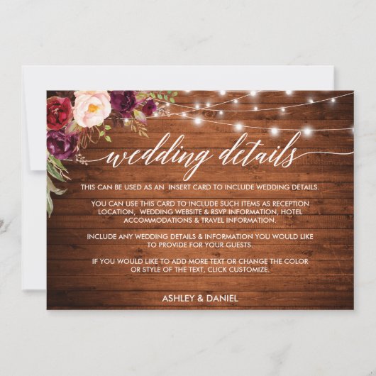 Calligraphy Lights Floral Wedding Details Card Save The Date (Vorderseite)