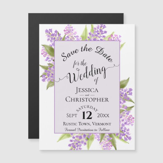 Calligraphy Lilacs Lavender Wedding Speichern Sie  Magneteinladung (Vorne/Hinten)