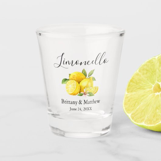 Calligraphy Limoncello Watercolor Lemons Wedding Schnapsglas (Vorderseite)