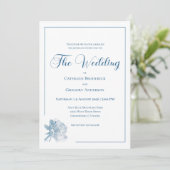 Calligraphy Line Art Dusty Blue Floral Wedding Einladung (Stehend Vorderseite)