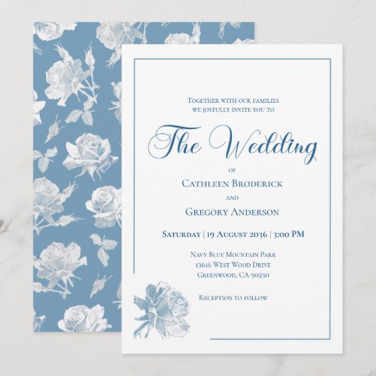 Calligraphy Line Art Dusty Blue Floral Wedding Einladung (Vorne/Hinten)