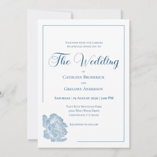 Calligraphy Line Art Dusty Blue Floral Wedding Einladung (Vorderseite)
