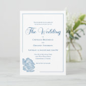 Calligraphy Line Art Dusty Blue Floral Wedding Einladung (Stehend Vorderseite)