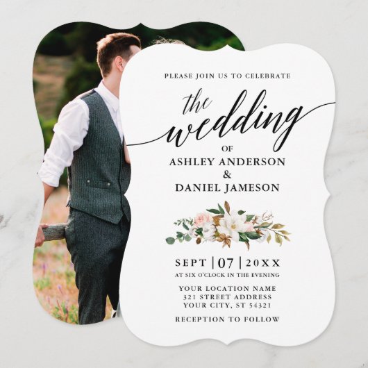 Calligraphy Magnolias Rose Foto Wedding Einladung (Vorne/Hinten)