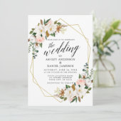 Calligraphy Magnolias Rose Foto Wedding Gold Einladung (Stehend Vorderseite)