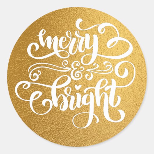 Calligraphy Merry & Bright Lux Gold Foil Runder Aufkleber (Vorderseite)