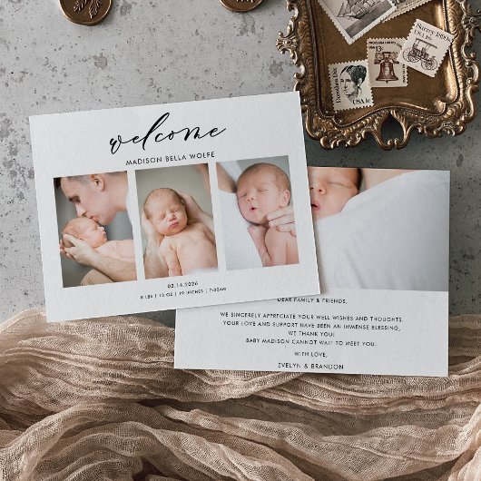 Calligraphy Minimal Foto Baby Announcement Card Dankeskarte