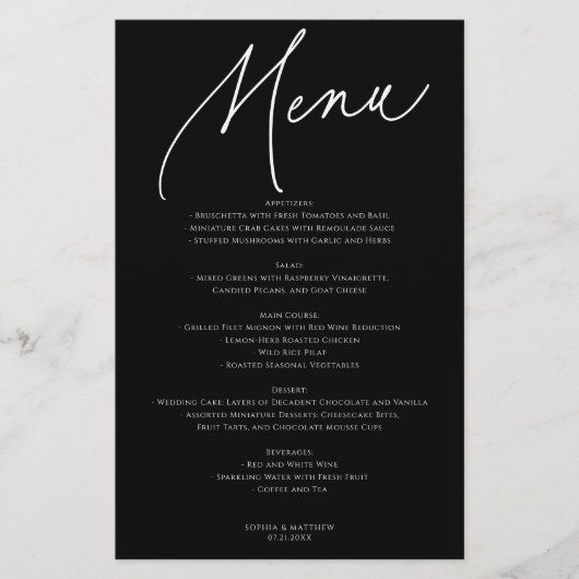 Calligraphy Minimalist Wedding Menu Black (Vorderseite)