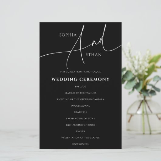 Calligraphy Minimalist Wedding Program Black (Stehend Vorderseite)
