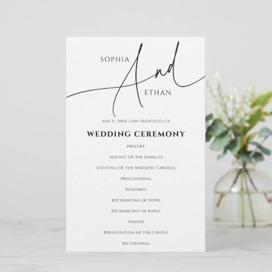 Calligraphy Minimalist Wedding Program White (Stehend Vorderseite)