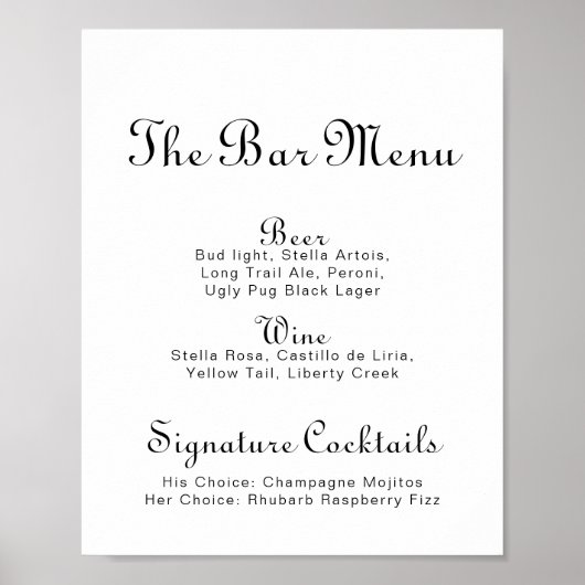 Calligraphy Minimalistisch Wedding Bar Menu Poster (Vorne)