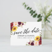 Calligraphy Mixed Burgundy Floral Save the Date Postkarte (Stehend Vorderseite)