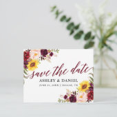 Calligraphy Mixed Floral Burgundy Save the Date Postkarte (Stehend Vorderseite)