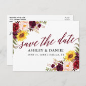 Calligraphy Mixed Floral Burgundy Save the Date Postkarte (Vorne/Hinten)