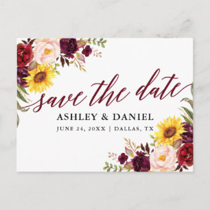 Calligraphy Mixed Floral Burgundy Save the Date Postkarte