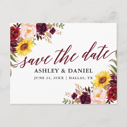 Calligraphy Mixed Floral Burgundy Save the Date Postkarte (Vorderseite)