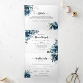 Calligraphy Navy Blue Floral Wedding Dreifach Gefaltete Einladung (Innenseite)