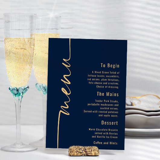 Calligraphy Navy Blue Gold Wedding Menu Poster