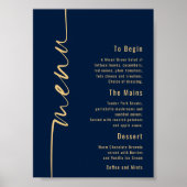 Calligraphy Navy Blue Gold Wedding Menu Poster (Vorne)