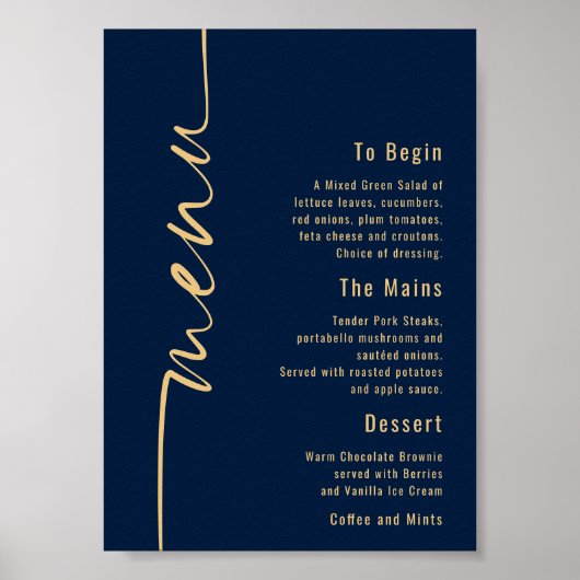 Calligraphy Navy Blue Gold Wedding Menu Poster (Vorne)