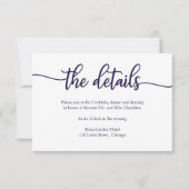 Calligraphy Navy Blue White Wedding Details Card RSVP Karte (Vorderseite)