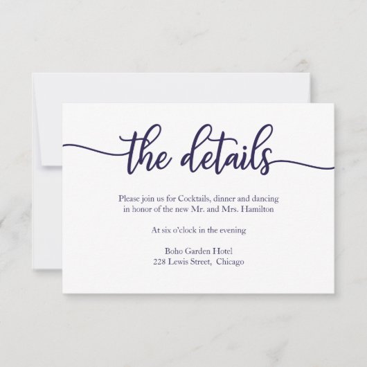 Calligraphy Navy Blue White Wedding Details Card RSVP Karte (Vorderseite)