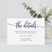 Calligraphy Navy Blue White Wedding Details Card RSVP Karte (Stehend Vorderseite)