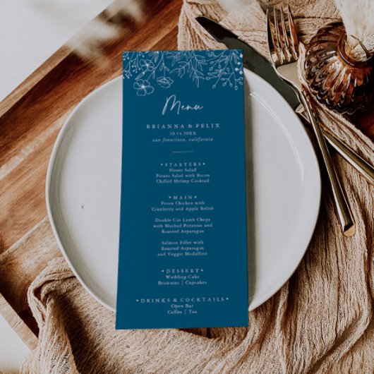 Calligraphy Navy Wildblume Dinner Menu Menükarte