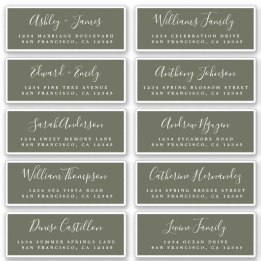 Calligraphy Olive Green Guest Address Labels (Vorderseite)