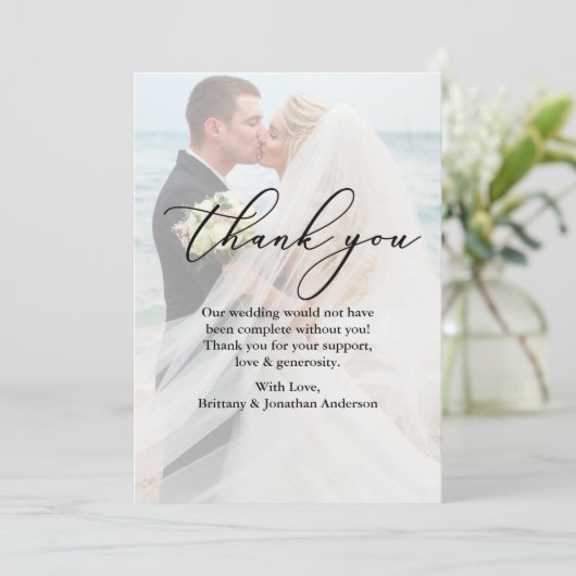 Calligraphy Overlay Wedding Foto Danke-Card Dankeskarte (Stehend Vorderseite)