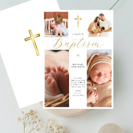 Calligraphy Photo Collage Gold Cross Baby Baptism Einladung