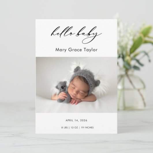 Calligraphy Photo Hello Baby Announcement Card Einladung (Stehend Vorderseite)