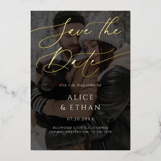 Calligraphy Photo Overlay Wedding Save The Date Folieneinladung (Vorderseite)