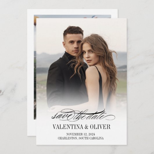 Calligraphy Photo Wedding Save The Date Card (Vorne/Hinten)