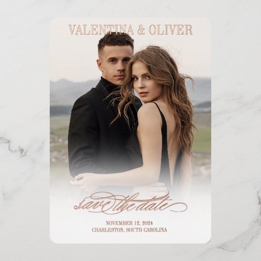 Calligraphy Photo Wedding Save The Date Card Folieneinladung (Vorderseite)