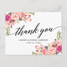 Calligraphy Pink Blush Floral Wedding Vielen Dank Postkarte